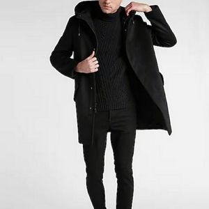 Express Men's Black Wool-Blend Hooded Topcoat